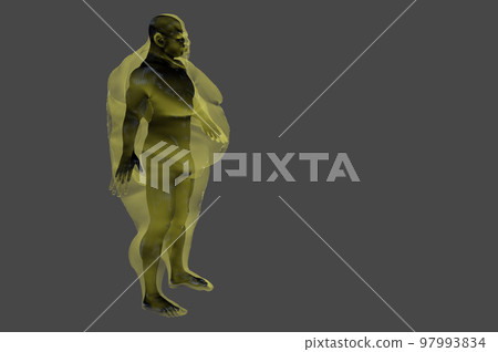 3D render. Athletic man inside an obese body on a gray background. Copy space.  97993834
