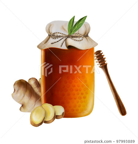 Watercolor glass jar of amber honey with ginger and wooden stick. Hand drawn immunity strengthening vitamins illustration on background. Watercolor glass jar of amber honey with ginger and wooden stick. Hand drawn immunity strengthening vitamins illustration on background. 97993889