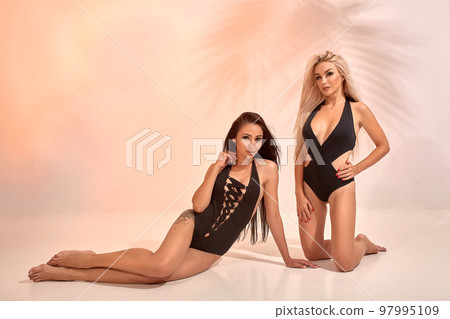 Two beautiful young women in black stylish swimsuits posing on camera in studio Two beautiful young women in black stylish swimsuits posing on camera in studio 97995109