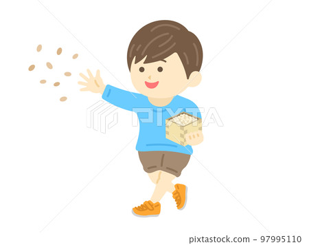 Illustration of a boy throwing beans on Setsubun Illustration of a boy throwing beans on Setsubun 97995110