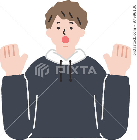 A man wearing a hoodie who raises his hands and is surprised 97996136