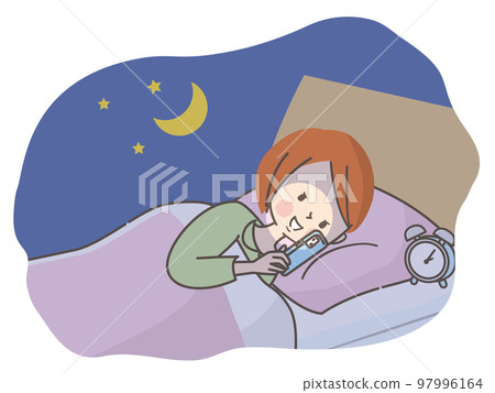 Illustration of a woman looking at a smartphone in bed at night Illustration of a woman looking at a smartphone in bed at night 97996164
