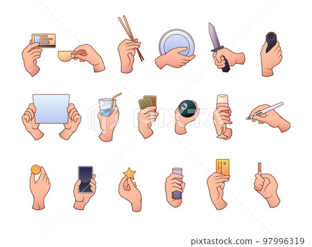 Hands holding objects. Modern human gestures cartoon style, flat woman fingers with various items, colorful doodle. Vector isolated set 97996319