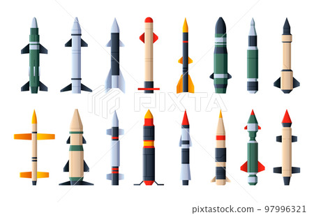 Missiles collection. Military aircraft weapon with warhead, explosive missilery ballistic rocket and artillery projectile, wartime army equipment. 97996321