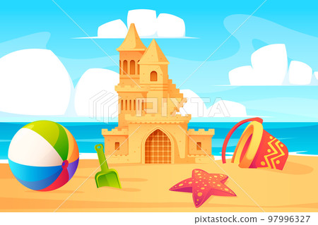 Sand castle on the beach. Cartoon summer seaside landscape with children sandpit toys towers bucket shovel, kids seashore activity. Vector background Sand castle on the beach. Cartoon summer seaside landscape with children sandpit toys towers bucket shovel, kids seashore activity. Vector background 97996327