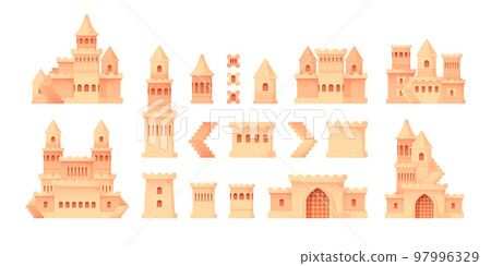 Sand castle parts. Cartoon kids fortress constructions on the beach, building house sandcastle constructor summer season. Vector isolated set 97996329