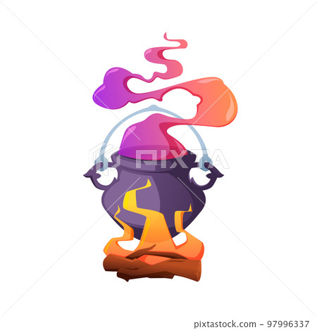 Magic cauldron. Boiling magic potion with smoke and bubbles, cartoon magical witch bonfire with steamy poison. Vector colorful illustration 97996337