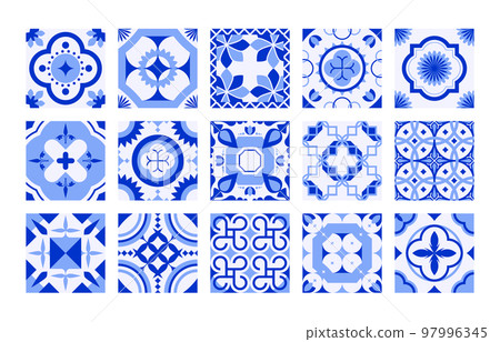 Portugal tiles. Mediterranean mosaic navy blue ornament, traditional floral decorative ceramic for interior, indigo square patchwork decor. Vector isolated set Portugal tiles. Mediterranean mosaic navy blue ornament, traditional floral decorative ceramic for interior, indigo square patchwork decor. Vector isolated set 97996345