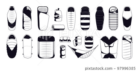 Black sleeping bag icons. Simple monochrome silhouettes of comfortable travel sleep bedding equipment, trip camping mat rolls. Vector collection 97996385