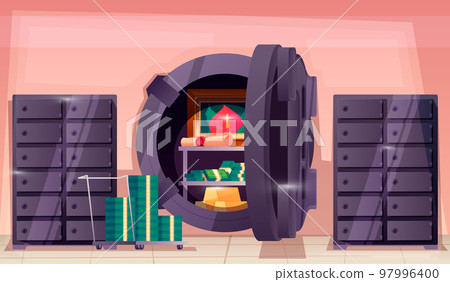 Bank vault door. Opened safe storage with money cash gold ingots inside, cartoon flat deposit box with locker for financial concept. Vector illustration Bank vault door. Opened safe storage with money cash gold ingots inside, cartoon flat deposit box with locker for financial concept. Vector illustration 97996400