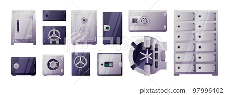 Bank safe set. Cartoon money storage with lock code and security password, secure cash container, flat equipment banking savings systems. Vector collection Bank safe set. Cartoon money storage with lock code and security password, secure cash container, flat equipment banking savings systems. Vector collection 97996402