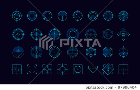 Aim pointer ui. HUD futuristic target radar frame, military weapon sniper cursor, virtual hologram element for dashboard infographic gaming design. Vector set Aim pointer ui. HUD futuristic target radar frame, military weapon sniper cursor, virtual hologram element for dashboard infographic gaming design. Vector set 97996404