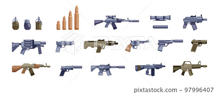 Pistol weapon. Cartoon bullet barrel gun classic revolver tactical shotgun, battle firearm with military accessories. Vector isolated set 97996407