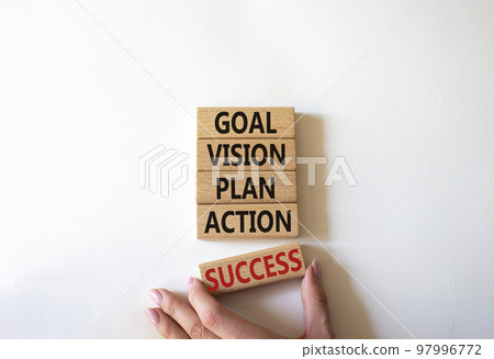 Goal Vision Plan Action Success symbol. Concept words Goal Vision Plan Action Success on wooden blocks. Beautiful white background. Businessman hand. Business concept. Copy space. Goal Vision Plan Action Success symbol. Concept words Goal Vision Plan Action Success on wooden blocks. Beautiful white background. Businessman hand. Business concept. Copy space. 97996772
