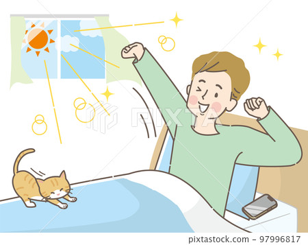 一個早上醒來和他的貓一起伸懶腰的年輕人 97996817