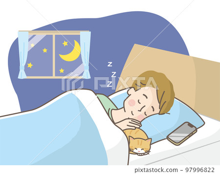 Illustration material of a man sleeping soundly in bed with a cat 97996822