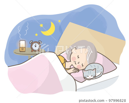 Illustration material of a senior woman sleeping soundly in bed with a cat 97996828