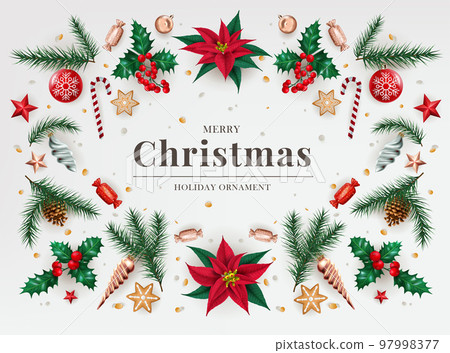 Merry christmas decor. Xmas ornament, greeting card or poster. Holiday web banner with noel branch. Winter frame with 3d isolated elements, mistletoe and conifer. Vector illustration exact background Merry christmas decor. Xmas ornament, greeting card or poster. Holiday web banner with noel branch. Winter frame with 3d isolated elements, mistletoe and conifer. Vector illustration exact background 97998377
