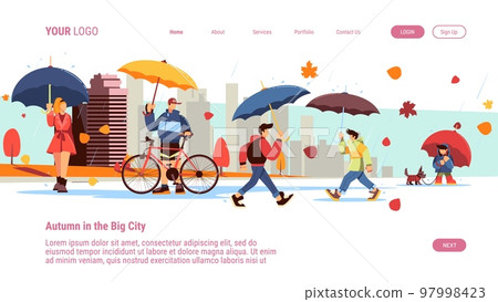Autumn in city landing. Urban weather app page. People with umbrellas walking or cycling in rain. Running couple. Child with pet. Autumnal season rainfall. Vector illustration website design template Autumn in city landing. Urban weather app page. People with umbrellas walking or cycling in rain. Running couple. Child with pet. Autumnal season rainfall. Vector illustration website design template 97998423