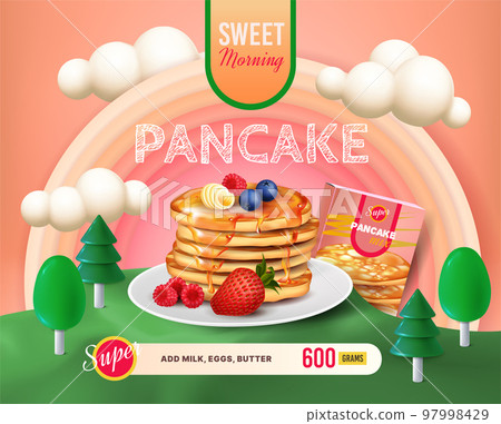 3D sweet pancakes. Bakery food. Miniature stack of cooking products with honey and berries. Cute forest brunch. Morning meal. Dessert ad banner design. Nature landscape. Vector realistic exact concept 97998429
