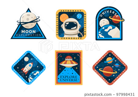 Space badge, astronaut stickers, patches collection. Kid t shirt emblem or logo, astronaut boy travel in galaxy, moon, planet and rocket. Cartoon retro style illustration. Vector graphic garish design 97998431