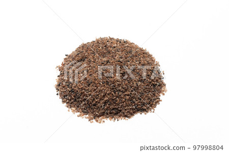 isolated himalayan black salt, Kala Namak, cooling spice ayurvedic Indian Asian cuisine, healthy food. Kiln-fired rock salt with a sulphurous, pungent smell.White background. Top view, horizontal isolated himalayan black salt, Kala Namak, cooling spice ayurvedic Indian Asian cuisine, healthy food. Kiln-fired rock salt with a sulphurous, pungent smell.White background. Top view, horizontal 97998804