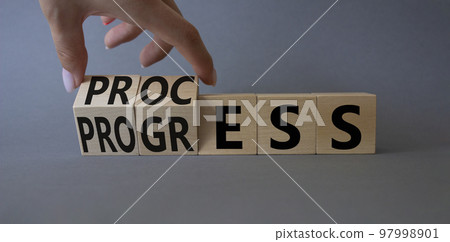 Process and Progress symbol. Hand turns wooden cubes and changes word Progress to Process. Beautiful grey background. Business and Process and Progress concept. Copy space Process and Progress symbol. Hand turns wooden cubes and changes word Progress to Process. Beautiful grey background. Business and Process and Progress concept. Copy space 97998901