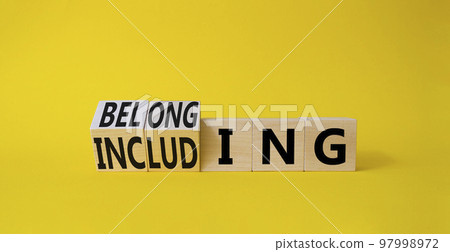Belonging and Including symbol. Turned cubes with words Belonging and Including. Beautiful yellow background. Business, psychological and Belonging and Including concept. Copy space Belonging and Including symbol. Turned cubes with words Belonging and Including. Beautiful yellow background. Business, psychological and Belonging and Including concept. Copy space 97998972