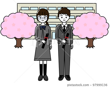 A set of boys and girls holding a diploma tube in front of the school building at the elementary school graduation ceremony 97999136