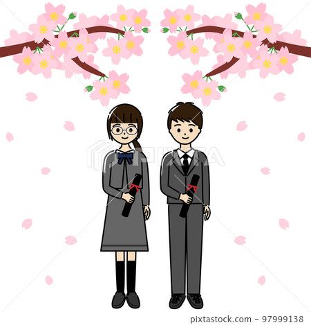 A set of boys and girls holding a diploma tube under a cherry tree at an elementary school graduation ceremony 97999138