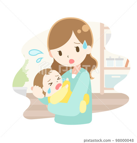 Illustration of a mother holding a crying baby Illustration of a mother holding a crying baby 98000048