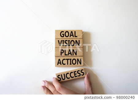 Goal Vision Plan Action Success symbol. Concept words Goal Vision Plan Action Success on wooden blocks. Beautiful white background. Businessman hand. Business concept. Copy space. 98000240