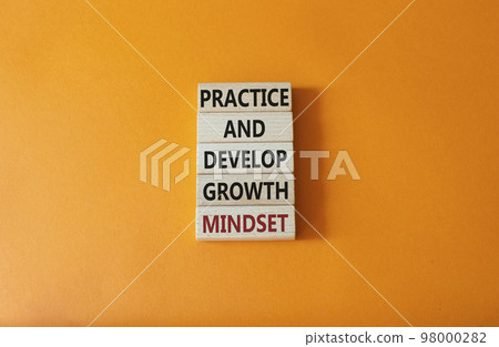 Practice and Develop growth mindset symbol. Wooden blocks with words Practice and Develop growth mindset. Beautiful orange background. Business concept. Copy space Practice and Develop growth mindset symbol. Wooden blocks with words Practice and Develop growth mindset. Beautiful orange background. Business concept. Copy space 98000282