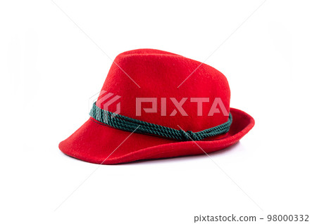 Felt Tyrolean hat on white. Ocktoberfest Bavarian red hat. 98000332