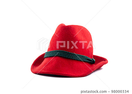 Felt Tyrolean hat on white. Ocktoberfest Bavarian red hat. 98000334