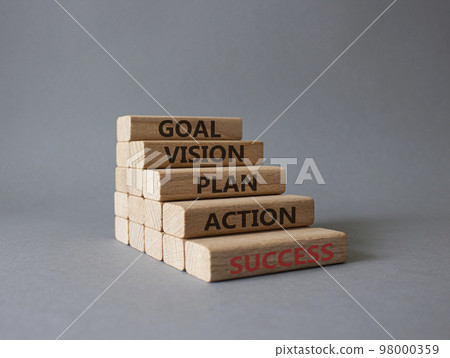 Goal Vision Plan Action Success symbol. Concept words Goal Vision Plan Action Success on wooden blocks. Beautiful grey background. Business and Goal Vision Plan Action Success concept. Copy space. 98000359