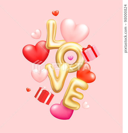 Happy Valentine Day. Heart shaped balloons and glitter golden letters sign love floating in the air with red gift box. Holiday wedding, birthday. Realistic design 3D. Vector illustration. 98000824