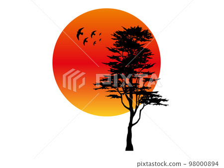 Tree silhouette and eagles, red sunset landscape logo concept, vector isolated on white background Tree silhouette and eagles, red sunset landscape logo concept, vector isolated on white background 98000894