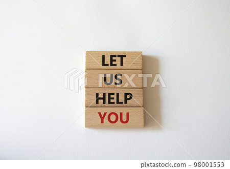 Let us help you symbol. Wooden blocks with words Let us help you. Beautiful white background. Business and Let us help you concept. Copy space. 98001553