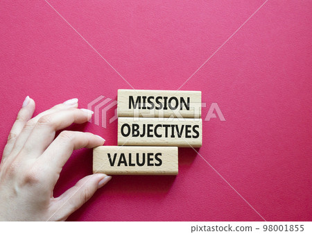 Mission Objectives Values symbol. Concept words Mission Objectives Values on wooden blocks. Beautiful red background. Businessman hand. Business and Mission Objectives Values concept. Copy space 98001855