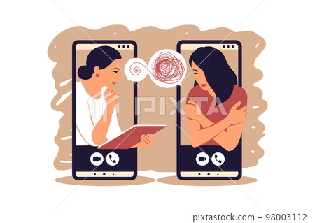 Psychologist online. Psychotherapy practice, help psychiatrist. Concept of support and aid for people under stress and depression over online services. Vector illustration. 98003112
