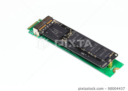 solid state drives Proprietary 12+16 pin connector NVME installed on adapter 12+16 pin to m.2 connector, isolated on white background. solid state drives Proprietary 12+16 pin connector NVME installed on adapter 12+16 pin to m.2 connector, isolated on white background. 98004437