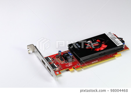 Professional video graphic card, High performance video graphic card for workstation computer show Display port and front side of card, isolated on white. Professional video graphic card, High performance video graphic card for workstation computer show Display port and front side of card, isolated on white. 98004468