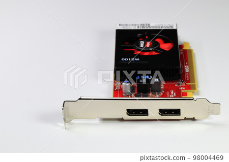 Professional video graphic card, High performance video graphic card for workstation computer show Display port and front side of card, isolated on white. Professional video graphic card, High performance video graphic card for workstation computer show Display port and front side of card, isolated on white. 98004469