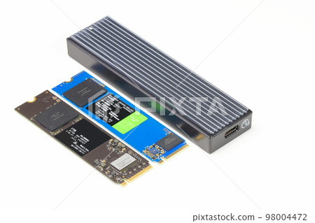 SSD m.2, Nvme install on M2 to usb type-C enclosure for convert interface from M2 to USB interface isolated on white background SSD m.2, Nvme install on M2 to usb type-C enclosure for convert interface from M2 to USB interface isolated on white background 98004472