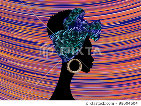 Portrait African woman wears bandana for curly hairstyles. Shenbolen Ankara Head wrap Women. Afro Traditional Headtie Scarf Turban in tribal flowers fabric design texture. Vector Striped background  98004604