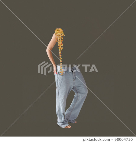 Contemporary art collage. Creative design. Modern fashion. Female body silhouette standing in jeans and golden necklace over dark background 98004730