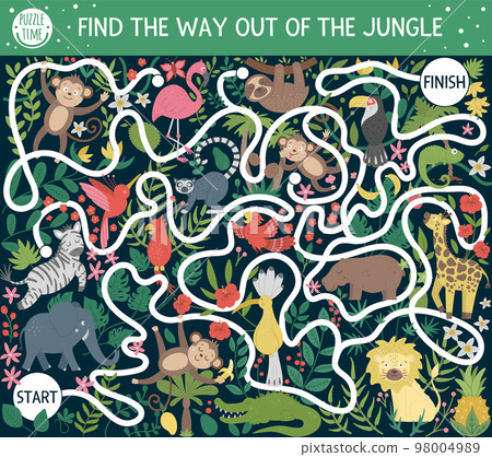 Tropical maze for children. Preschool exotic activity. Funny exotic puzzle with cute animals, birds, plants, fruit. Find the way out of the jungle. Summer game for kids Tropical maze for children. Preschool exotic activity. Funny exotic puzzle with cute animals, birds, plants, fruit. Find the way out of the jungle. Summer game for kids 98004989