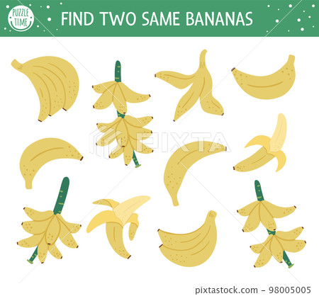 Find two same bananas. Tropical matching activity for preschool children with cute tropic fruits. Funny jungle puzzle for kids. Logical quiz worksheet. Simple summer game for kids Find two same bananas. Tropical matching activity for preschool children with cute tropic fruits. Funny jungle puzzle for kids. Logical quiz worksheet. Simple summer game for kids 98005005