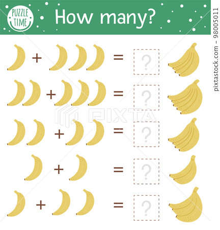 Math game with bananas. Tropical mathematic activity for preschool children. Jungle counting worksheet. Educational addition riddle with cute funny elements. Simple summer game for kids Math game with bananas. Tropical mathematic activity for preschool children. Jungle counting worksheet. Educational addition riddle with cute funny elements. Simple summer game for kids 98005011